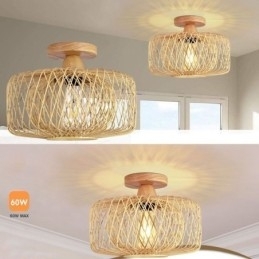 Retro Dobbeltlags Taklampe Håndvevd Bambus Lampeskjerm Taklampe