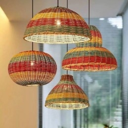 Bambus- Og Rottinganhengslampe, Fargerik Stripete Intervall, Håndvevd Lampeskjerm, Taklampe