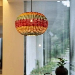 Bambus- Og Rottinganhengslampe, Fargerik Stripete Intervall, Håndvevd Lampeskjerm, Taklampe