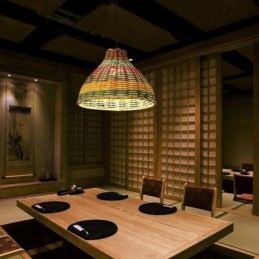 Bambus- Og Rottinganhengslampe, Fargerik Stripete Intervall, Håndvevd Lampeskjerm, Taklampe