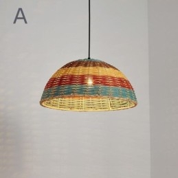 Bambus- Og Rottinganhengslampe, Fargerik Stripete Intervall, Håndvevd Lampeskjerm, Taklampe