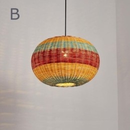 Bambus- Og Rottinganhengslampe, Fargerik Stripete Intervall, Håndvevd Lampeskjerm, Taklampe