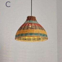 Bambus- Og Rottinganhengslampe, Fargerik Stripete Intervall, Håndvevd Lampeskjerm, Taklampe