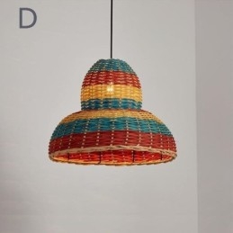 Bambus- Og Rottinganhengslampe, Fargerik Stripete Intervall, Håndvevd Lampeskjerm, Taklampe