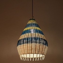 Bambus- Og Rottingpendellampe Med Striper, Håndvevd Intervallskjerm, Taklampe
