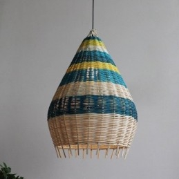 Bambus- Og Rottingpendellampe Med Striper, Håndvevd Intervallskjerm, Taklampe