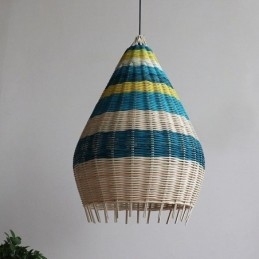 Bambus- Og Rottingpendellampe Med Striper, Håndvevd Intervallskjerm, Taklampe