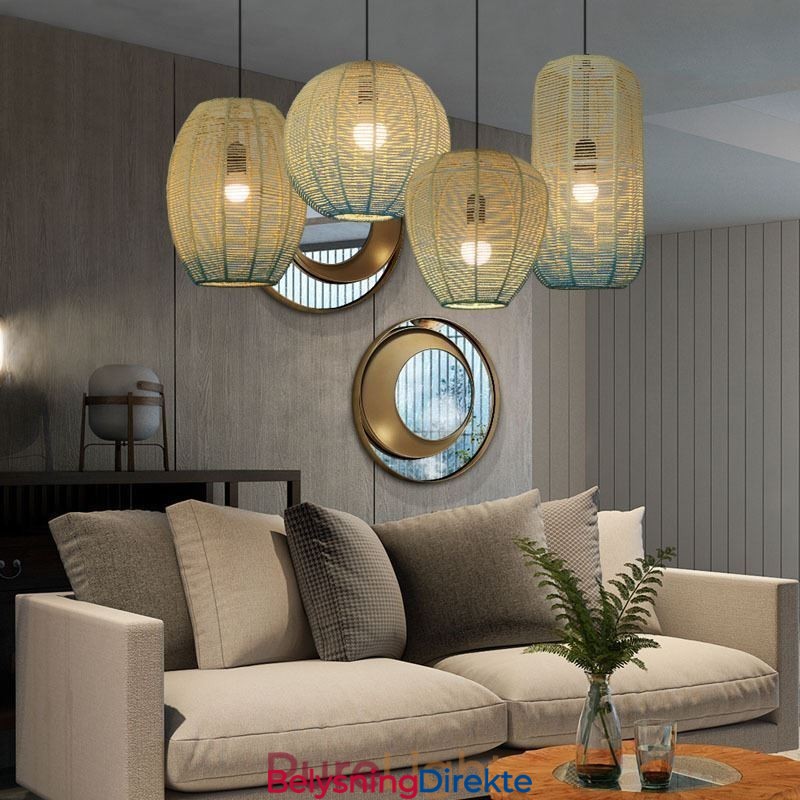 Papirsnor-Anhengslampe I Landlig Retro-Stil Med Gradientblå Taklampe