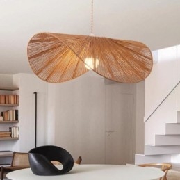 Retro Pendellampe Kreativ Wabi Sabi Stråhatt Taklampe Med Hamptau