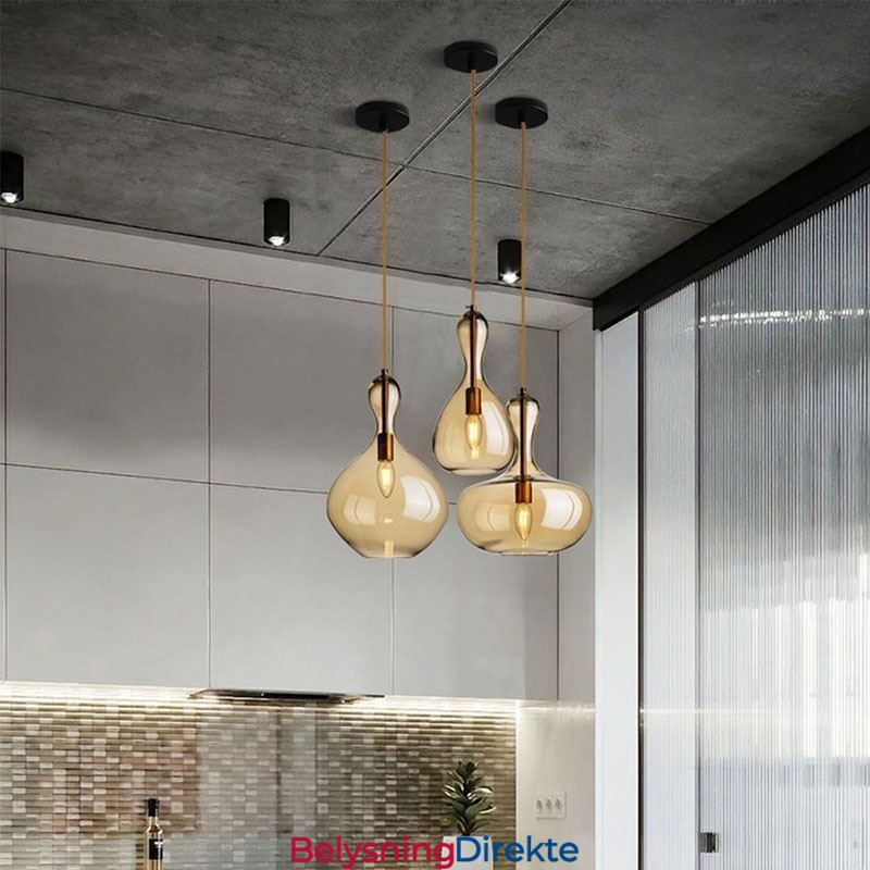 Nordisk Glass Pendellampe Med Ravskjerm Og Taklampe