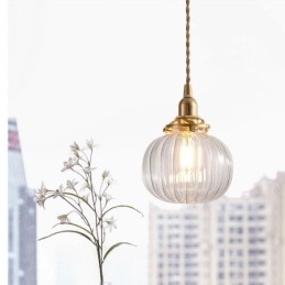 Glass Pendellampe Klar Rund Ribbet Gresskarformet Lampe Med 1 Lys