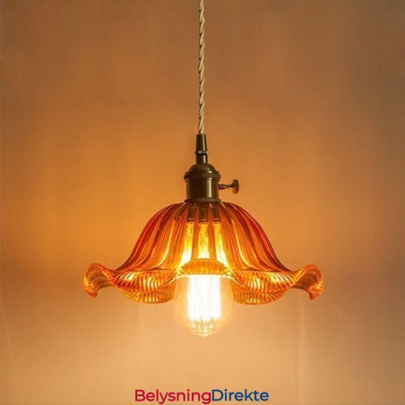 Vintage Fargerik Ribbet Glass Pendellampe Blomsterskjermlampe Med Vribryter