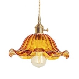 Vintage Fargerik Ribbet Glass Pendellampe Blomsterskjermlampe Med Vribryter