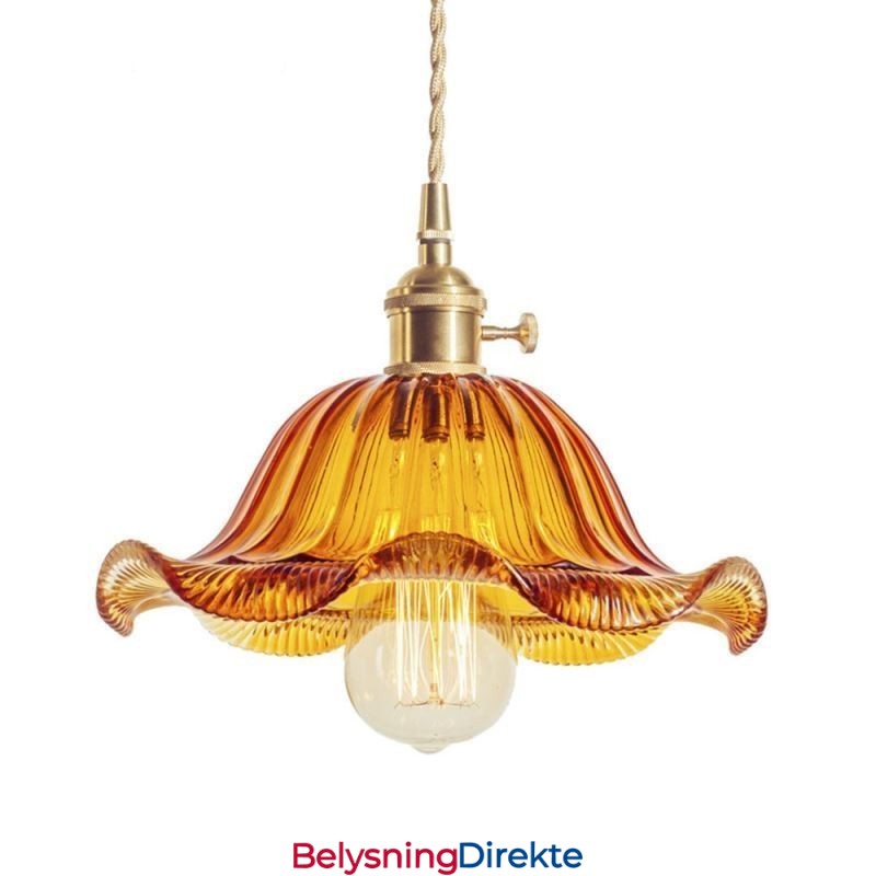 Vintage Fargerik Ribbet Glass Pendellampe Blomsterskjermlampe Med Vribryter