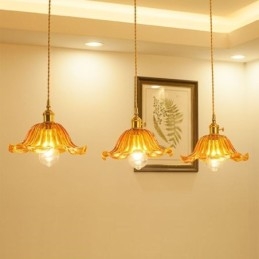 Vintage Fargerik Ribbet Glass Pendellampe Blomsterskjermlampe Med Vribryter