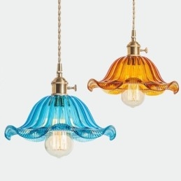 Vintage Fargerik Ribbet Glass Pendellampe Blomsterskjermlampe Med Vribryter