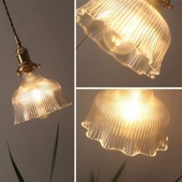 Stor Kuppelformet Pendellampe I Klart, Ribbet Glass Med Messingholder Og Vribryter