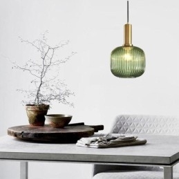 Ribbet Glasspendellampe Med Messingholder