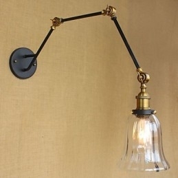Amerikansk Landlig Enkel Retro Glass Lampeskjerm Tre Justerbar Lengde På Lang Arm Rør Vegg