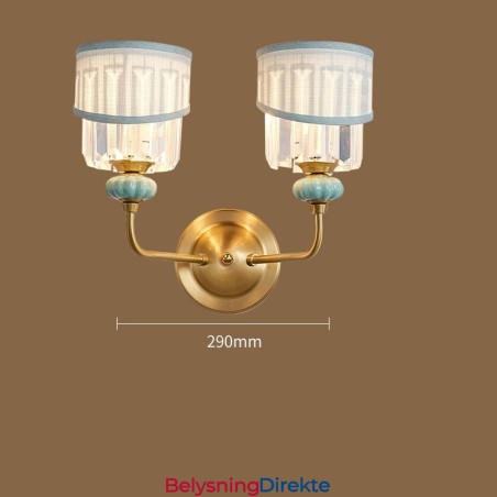 Luksuriøs Rustikk Retro Vintage Messing Keramikk Vegglampe Med 2 Lys, Stoff Og Krystallskjermer, Spesielt For Hotell, Kontor, Utstillingslokale, Stue, Spisestue