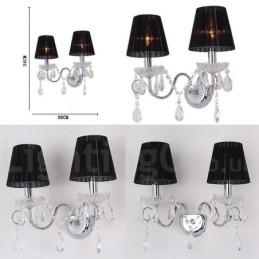 2-Lyss Vegglampe I Retroglass I Krom, Sølvfarget K9-Krystall Med Svarte Stoffskjermer