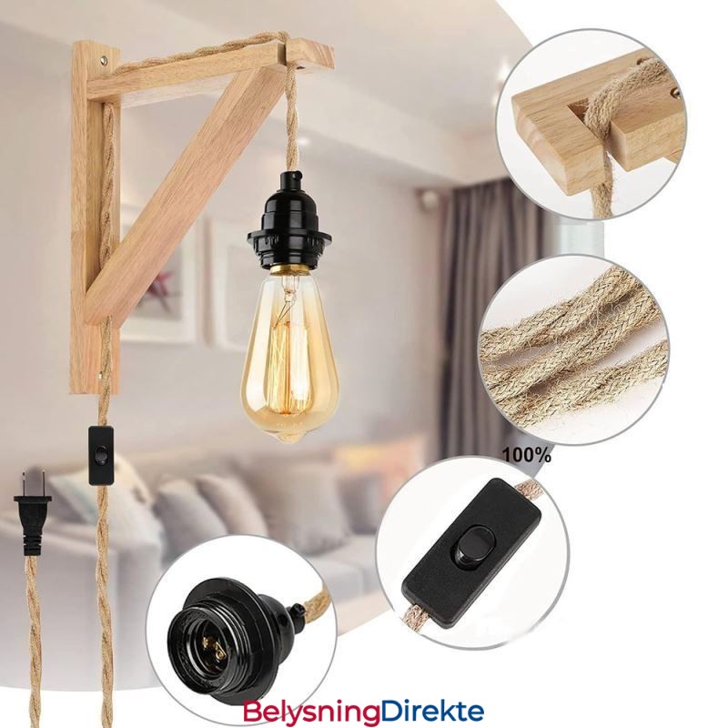 Vegglampe I Massivt Tre, Amerikansk Pastoral Retro Hamptau Med Plugg