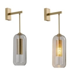 Nordisk Messingvegglampe Med Indre Hul Sylinderlampeskjerm I Glass