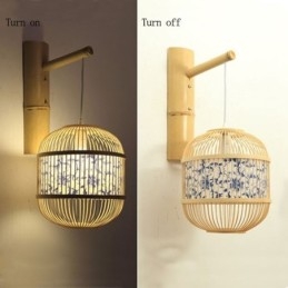 Kreativ Hengende Vegglampe I Bambus Med Burdesign, Dekorativ Lampe Ved Nattbordet