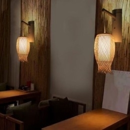 Nedadgående Bambusvegglampe Landlig Rund Vegglampe Nattbord Tehus Kreativ Lys