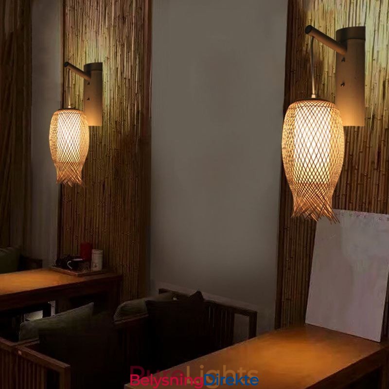 Nedadgående Bambusvegglampe Landlig Rund Vegglampe Nattbord Tehus Kreativ Lys