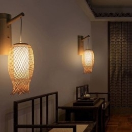 Nedadgående Bambusvegglampe Landlig Rund Vegglampe Nattbord Tehus Kreativ Lys