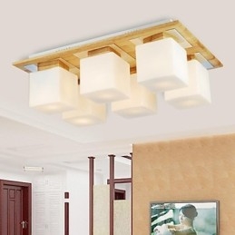 Eiketaklampe Med Seks Lys I Eik Og Glass, 220–240 V