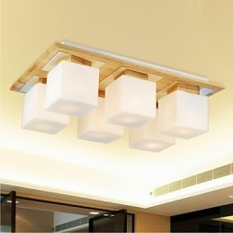 Eiketaklampe Med Seks Lys I Eik Og Glass, 220–240 V