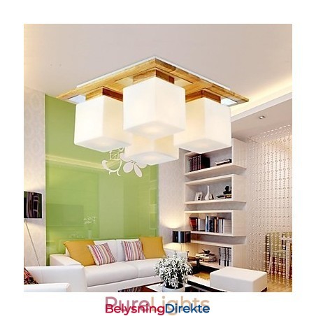 Eiketaklampe Med Fire Lys I Eik Og Glass 220~240V (Hy9024)