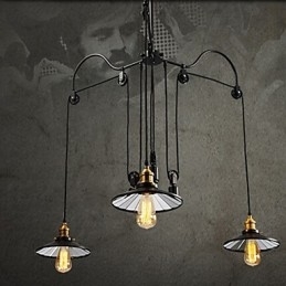 Vintage Pully Pendellampe Med 3 Øyer I Metall Og Innvendig Skjerm I Glass