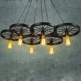 Loft Pendellampe Med Hjul, Lysekrone, Rustikk, Vintage, Retro, Landlig, Spisestue, Metall + Maling