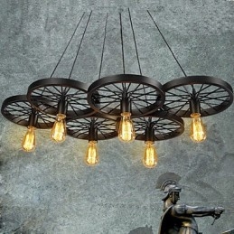 Loft Pendellampe Med Hjul, Lysekrone, Rustikk, Vintage, Retro, Landlig, Spisestue, Metall + Maling